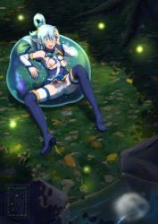 Rule 34 | absurdres, anal, anus, aqua (konosuba), blue hair, boots, breast sucking, breasts, breasts out, double penetration, fireflies, from above, grass, high heel boots, high heels, highres, interspecies, kono subarashii sekai ni shukufuku wo!, nipples, pomonna, pussy, sex, slime (creature), smile, spread legs, thigh boots, thighhighs, thighhighs under boots, torn clothes, vaginal, water