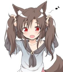 Rule 34 | 1girl, animal ears, blush, brown hair, dress, fangs, imaizumi kagerou, jpeg artifacts, long hair, looking at viewer, musical note, natsu no koucha, open mouth, simple background, smile, solo, tail, touhou, twintails, white background, wolf ears, wolf tail