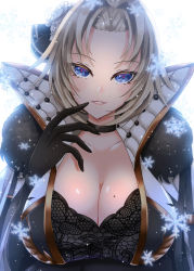 Rule 34 | azur lane, blonde hair, blue eyes, breasts, cleavage, coat, collared jacket, flower, flower on head, gloves, hair ornament, hair over eyes, hand to own mouth, high collar, highres, jacket, jewelry, kronshtadt (azur lane), lips, looking at viewer, mole, mole on breast, neck ring, simple background, sleet fuyuki, smile, snowflakes, white background