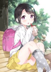 Rule 34 | 1girl, backpack, bag, bench, blush, bow, child, clothes between thighs, collarbone, commentary request, grey bow, gyuunyuunomio7, hair ornament, highres, hood, hoodie, jacket, kneehighs, long sleeves, looking at viewer, pink bag, pink eyes, short hair, sitting, skirt, socks, solo, star (symbol), teabag, tongue, tongue out, tree, white jacket, yellow bow, yellow skirt