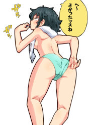 Rule 34 | 1girl, adjusting clothes, adjusting panties, aono3, ass, back, black hair, braid, breasts, brown eyes, brushing teeth, crotch seam, from behind, girls und panzer, green panties, half-closed eyes, highres, kneepits, leaning forward, medium breasts, messy hair, panties, pepperoni (girls und panzer), short hair, side braid, simple background, solo, standing, toothbrush, topless, towel, towel around neck, translated, underwear, white background