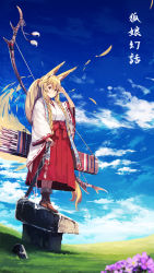 Rule 34 | 1girl, animal ears, antlers, arm at side, arrow (projectile), blonde hair, blue sky, bow (weapon), braid, brown legwear, cloud, cloudy sky, day, eyebrows, fox ears, fox tail, full body, grass, hair between eyes, hakama, hakama skirt, highres, holding, holding sword, holding weapon, horns, japanese clothes, long hair, long sleeves, miko, original, outdoors, ponytail, quiver, red eyes, red hakama, ribbon-trimmed sleeves, ribbon trim, shading eyes, side braid, skirt, sky, solo, standing, stole, string, sword, tail, tassel, translation request, twin braids, very long hair, waraji, weapon, wide sleeves, wind, yellow eyes, yuuji (yukimimi)