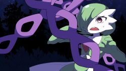 Rule 34 | 1girl, bob cut, breasts, chain, collarbone, colored skin, creatures (company), female focus, game freak, gardevoir, gen 3 pokemon, grapeanime, green hair, green skin, groin, hair over one eye, hands up, highres, multicolored skin, nervous, night, nintendo, one eye covered, open mouth, outdoors, pokemon, pokemon (creature), red eyes, short hair, small breasts, solo, standing, star (sky), surprised, sweat, teeth, two-tone skin, white skin, wide-eyed