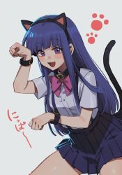 Rule 34 | 1girl, :d, animal ears, black collar, blue hair, blue skirt, blush, bow, bowtie, bracelet, cat ears, cat tail, collar, commentary request, contrapposto, fake animal ears, fang, furude rika, grey background, hand up, higurashi no naku koro ni, jewelry, long hair, looking at viewer, miniskirt, noriuma, open mouth, paw pose, paw print, paw print background, pink bow, pleated skirt, shirt, shirt tucked in, simple background, skin fang, skirt, smile, solo, suspender skirt, suspenders, tail, translated, white background, white shirt