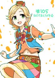 Rule 34 | 1girl, :d, aikatsu! (series), belt, blue vest, braid, braided bun, brown belt, character request, cowboy hat, cowboy shot, green eyes, hair bun, hat, midriff, mini hat, multicolored clothes, multicolored skirt, navel, open mouth, orange shirt, outstretched arms, shirt, skirt, smile, solo, spread arms, vest, wristband, yoban