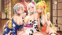 Rule 34 | 3girls, :d, animal ears, animal print, bare shoulders, bell, black choker, blonde hair, blue flower, blue kimono, blue rose, bottle, breasts, choker, cleavage, closed mouth, collarbone, commentary request, copyright request, cow print, cup, drinking glass, fireworks, flower, hair flower, hair ornament, holding, holding cup, indoors, japanese clothes, kimono, large breasts, long hair, looking at viewer, multiple girls, neck bell, open mouth, pink eyes, pink flower, pink rose, ponytail, popqn, print kimono, rose, sitting, smile, sweat, white kimono