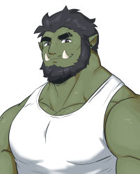 Rule 34 | 1boy, bara, bare shoulders, beard, black hair, borrowed character, colored skin, ear piercing, eyebrow cut, facial hair, fangs, green skin, highres, kou (ixkouu), large pectorals, looking at viewer, male focus, muscular, muscular male, orc, original, pectorals, piercing, pointy ears, portrait, short hair, smile, solo, tank top, thick eyebrows, white tank top