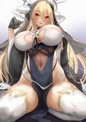 Rule 34 | 1girl, absurdres, azur lane, black gloves, blonde hair, blush, breast cutout, breasts, covered navel, denchu (kazudentyu), fake horns, gloves, habit, hair between eyes, half gloves, highres, horns, huge breasts, implacable (azur lane), long hair, looking at viewer, nun, parted lips, pelvic curtain, red eyes, revealing clothes, solo, thighhighs, thighs, two-tone dress, veil, very long hair, white horns, white thighhighs