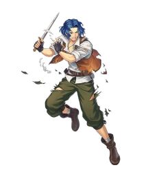 Rule 34 | 1boy, angry, belt, black footwear, black gloves, blue eyes, blue hair, boots, brown belt, clenched teeth, dagger, fingerless gloves, fire emblem, fire emblem: thracia 776, fire emblem heroes, full body, gloves, grey pants, knife, male focus, nintendo, official art, otorihara, pants, perne (fire emblem), teeth, third-party source, torn clothes, weapon