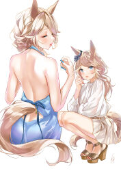 Rule 34 | 1girl, animal ears, artist name, bare back, bare shoulders, blue bow, blue dress, blue nails, bow, brown footwear, brown skirt, closed eyes, commentary request, dress, ear bow, from behind, gold city (umamusume), highres, horse ears, horse girl, koji (kojikojimdw), lips, long hair, looking at viewer, multiple views, nail polish, red nails, shirt, shoes, simple background, skirt, squatting, toenail polish, toenails, umamusume, white background, white shirt