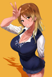 Rule 34 | 1girl, absurdres, black eyes, blonde hair, blue skirt, blush, bow, bowtie, breasts, brown hair, cleavage, collared shirt, dark-skinned female, dark skin, dress shirt, gradient hair, grin, gyaru, hand gesture, hand up, highres, hotate-chan, idolmaster, idolmaster shiny colors, izumi mei, large breasts, long hair, looking at viewer, multicolored hair, pleated skirt, school uniform, shirt, short sleeves, simple background, skirt, smile, solo, sweater vest, thighs, w, white shirt, yellow background