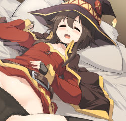 Rule 34 | 1girl, bed, belt, black gloves, black panties, black thighhighs, blush, brown cape, brown hair, cameltoe, cape, choker, closed eyes, collarbone, commentary request, dress, drooling, dutch angle, fingerless gloves, gloves, hand on own stomach, hand up, hat, highres, kono subarashii sekai ni shukufuku wo!, lace, lace-trimmed panties, lace trim, lying, megumin, midriff peek, momio, navel, on back, on bed, open mouth, panties, pillow, red dress, short hair with long locks, sidelocks, sleeping, solo, thighhighs, underwear, witch hat