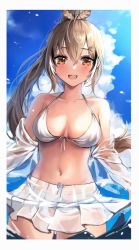 Rule 34 | 1girl, bikini, blush, brown eyes, brown hair, cloud, cloudy sky, commentary request, hair ornament, hairclip, highres, hololive, hololive english, jacket, long hair, looking at viewer, multicolored hair, nanashi mumei, navel, ponytail, reum0602, see-through, see-through jacket, sky, solo, streaked hair, swimsuit, unfinished, very long hair, virtual youtuber, water, white bikini