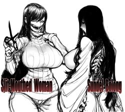 Rule 34 | 2girls, breasts, covered erect nipples, cowboy shot, curvy, evil grin, evil smile, from behind, frown, grin, highres, hip focus, kuchisake-onna, large breasts, long hair, long sleeves, multiple girls, ribbed sweater, scissors, shaded face, sharp teeth, sidelocks, smile, spacezin, spine, sundel bolong, sweater, teeth, thighs, tsurime, turtleneck, wide hips