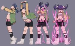 Rule 34 | 1girl, arms up, aura, bandaid, bandaid on knee, bandaid on leg, belt, belt buckle, black nails, black shorts, black socks, blue hair, breasts, buckle, clenched hands, closed eyes, closed mouth, commentary, crossed bandaids, english commentary, green jacket, grey background, grin, hair between eyes, hair ornament, highres, jacket, ji-yoon (jourd4n), jourd4n, lightning, midriff, multiple views, nail polish, navel, open clothes, open jacket, open mouth, original, pink belt, powering up, red eyes, sarashi, shoes, short shorts, shorts, simple background, skull hair ornament, small breasts, smile, socks, stretching, tiptoes, twintails, v-shaped eyebrows, white footwear
