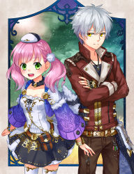 Rule 34 | 10s, 1boy, 1girl, atelier (series), atelier escha &amp; logy, belt, black dress, bracelet, braid, choker, cropped jacket, crossed arms, dress, escha malier, fingerless gloves, french braid, gloves, green eyes, hat, jacket, jewelry, logix ficsario, necklace, noma (kifyz23), pants, pink hair, pom pom (clothes), short hair, skirt, smile, thighhighs, twintails, white hair, white thighhighs, yellow eyes
