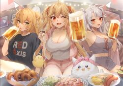 Rule 34 | &gt; &lt;, 3girls, :d, :o, ;d, admiral hipper (azur lane), ahoge, alcohol, alternate costume, anniversary, antenna hair, armpits, azur lane, bare shoulders, beer, beer mug, bird, black shorts, blonde hair, bluecher (azur lane), breasts, cat, chick, cleavage, clenched hand, clock, collarbone, commentary request, crop top, cup, eyewear hang, eyewear removed, fang, flat chest, food, fur jacket, green eyes, grey shorts, grey tank top, hair between eyes, highres, holding, holding cup, indoors, jacket, large breasts, long hair, looking at viewer, loungewear, maitei roppa, manjuu (azur lane), meowfficer (azur lane), midriff, mole, mole under eye, mug, multicolored hair, multiple girls, one eye closed, open clothes, open jacket, open mouth, pink jacket, pink shorts, pretzel, prinz eugen (azur lane), red eyes, red hair, sausage, shawl, shirt, short shorts, short sleeves, shorts, sidelocks, sitting, skin fang, smile, streaked hair, string of flags, t-shirt, tank top, twintails, two side up, wall clock, white hair