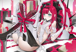 Rule 34 | 1girl, absurdres, ass, boots, breasts, crossed legs, baobhan sith (fate), baobhan sith (third ascension) (fate), fate/grand order, fate (series), gift, green eyes, hair ornament, hat, highres, knees up, laces, looking at viewer, lying, mouth hold, on back, panties, red hair, ribbon, san (harutuki 3), sideboob, solo, spikes, thigh boots, thighhighs, underwear, white panties