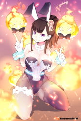 Rule 34 | 1girl, animal ears, bare shoulders, black hair, bow, bowtie, breasts, cleavage, commentary, detached collar, en&#039;en no shouboutai, english commentary, fake animal ears, finger gun, fire, fishnet thighhighs, fishnets, gloves, highres, hot vr, kneeling, large breasts, leotard, light smile, long hair, maki oze, pantyhose, playboy bunny, ponytail, purple eyes, rabbit ears, sidelocks, single thighhigh, solo, sparks, thighhighs, white gloves, wrist cuffs