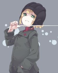 Rule 34 | 1girl, absurdres, blonde hair, character request, girls und panzer, green eyes, green jacket, grey background, hand in pocket, hand up, helmet, highres, jacket, long sleeves, looking at viewer, parted lips, red shirt, reiga (act000), shirt, short hair, simple background, solo