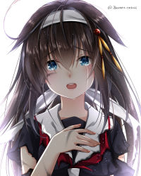 Rule 34 | 1girl, :o, alternate hairstyle, baretto (firearms 1), black serafuku, blush, crying, crying with eyes open, hair between eyes, hair down, hair ornament, hairband, hairpin, hand on own chest, highres, kantai collection, light particles, looking at viewer, neckerchief, open mouth, raised eyebrows, red neckerchief, school uniform, serafuku, shigure (kancolle), shigure kai ni (kancolle), shirt, simple background, solo, streaming tears, tareme, tears, torn clothes, torn shirt, twitter username, upper body, white background, white hairband