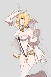 Rule 34 | 1girl, absurdres, ahoge, armpits, bad id, bad pixiv id, bare shoulders, blonde hair, braid, braided bun, breasts, bridal veil, chain, chain necklace, detached collar, dress, elbow gloves, fate/grand order, fate (series), from side, garter belt, garter straps, gloves, green eyes, grey background, hair bun, hair intakes, highres, holding, holding sword, holding weapon, jewelry, large breasts, leotard, looking at viewer, necklace, nero claudius (bride) (fate), nero claudius (bride) (second ascension) (fate), nero claudius (fate), nero claudius (fate) (all), short hair, simple background, single hair bun, solo, sword, thigh strap, thighhighs, thighs, tingas, unfastened, unfinished, veil, weapon, white dress, white gloves, white thighhighs