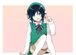 Rule 34 | 1boy, alternate costume, androgynous, argyle, argyle clothes, argyle legwear, beret, black hair, blue hair, bow, braid, brown shorts, collared shirt, dsg120252, food, genshin impact, gradient hair, green eyes, green hat, hand on floor, hat, highres, holding, holding food, long sleeves, looking at viewer, male focus, multicolored hair, open mouth, pantyhose, pink background, shirt, short hair with long locks, shorts, simple background, sitting, smile, solo, sweets, twin braids, venti (genshin impact), white background, white pantyhose, white shirt