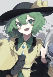 Rule 34 | 1girl, :d, breasts, buttons, commentary request, diamond button, floppy sleeves, frilled shirt collar, frills, garasuno, green eyes, green hair, grey background, hair between eyes, hat, heart, heart-shaped pupils, highres, holding, holding knife, knife, komeiji koishi, looking at viewer, medium hair, open mouth, outline, shirt, simple background, sleeves past fingers, sleeves past wrists, small breasts, smile, solo, symbol-shaped pupils, teeth, third eye, touhou, upper teeth only, yellow shirt