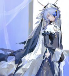 Rule 34 | 1girl, arknights, black gloves, blue dress, blue eyes, blue hair, breasts, butterfly over eye, coif, dress, gloves, habit, highres, hip vent, jiaowohuahua, looking at viewer, official alternate costume, short hair, small breasts, solo, whisperain (arknights), whisperain (priory of abyss) (arknights)