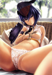 Rule 34 | 10s, 1girl, absurdres, black hair, blurry, blush, breasts, brown eyes, cameltoe, character name, crop top, depth of field, finger to mouth, framed breasts, frills, highres, i-13 (kancolle), index finger raised, inverted nipples, kantai collection, lingerie, looking at viewer, lying, navel, nipples, on back, panties, pussy juice, sailor collar, scan, shushing, sleeveless, small breasts, solo, spread legs, underwear, wa (genryusui), white panties