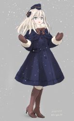Rule 34 | 10s, 1girl, 2016, :d, blonde hair, blue eyes, boots, brown footwear, coat, dated, full body, grey background, hat, high heels, highres, kantai collection, karashi (tou gara shi), knee boots, long hair, mittens, open mouth, smile, snowing, solo, standing, twitter username, u-511 (kancolle)