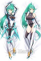 Rule 34 | 1girl, armor, arms up, blush, boots, breasts, cleavage, closed mouth, covered navel, daki-makura, dakimakura (medium), dress, elbow gloves, female focus, gem, gloves, green eyes, green hair, hair ornament, headpiece, jewelry, large breasts, long hair, looking at viewer, lying, matching hair/eyes, naughty face, navel, nervous, nintendo, one-piece swimsuit, open mouth, pneuma (xenoblade), ponytail, shy, solo, spoilers, staring, surprised, swept bangs, swimsuit, thighhighs, third-party source, tiara, toes, very long hair, watermark, white dress, xenoblade chronicles (series), xenoblade chronicles 2, yuj (moemarket)