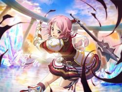Rule 34 | 1girl, :d, armor, black socks, boots, faulds, floating hair, freckles, gauntlets, holding, holding weapon, knee boots, kneehighs, leg up, lisbeth (sao), miniskirt, open mouth, pink eyes, pink hair, pleated skirt, red shirt, shirt, short hair, shoulder armor, skirt, smile, socks, solo, swept bangs, sword art online, weapon, white armor, white footwear