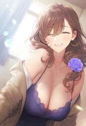 Rule 34 | 1girl, blurry, blurry background, blush, bokeh, breasts, brown hair, camisole, cleavage, closed eyes, collarbone, commentary, curly hair, curtains, depth of field, english commentary, facing viewer, flower, genshin impact, hair between eyes, hair flower, hair ornament, hair over one eye, highres, jacket, large breasts, light particles, light rays, lisa (genshin impact), mixed-language commentary, nekocypher, off shoulder, open clothes, open jacket, open shirt, parted lips, purple camisole, purple shirt, shirt, sleeveless, sleeveless shirt, smile, solo, spaghetti strap, sunlight, teeth, upper body, window