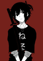 Rule 34 | 1girl, black hair, closed mouth, clothes writing, collarbone, etou kanami, hair between eyes, hair ribbon, high contrast, holding, holding sword, holding weapon, jewelry, katana, limited palette, lionet0806, necklace, one side up, red background, ribbon, ring, ring necklace, short hair, sidelocks, simple background, solo, spot color, sword, toji no miko, weapon