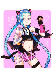 Rule 34 | 1girl, absurdres, animal ears, blue hair, blush, braid, cat ears, highres, jinx (league of legends), league of legends, long hair, pink eyes, shorts, solo, tail, tattoo, twin braids, weapon