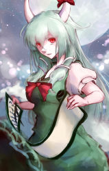 Rule 34 | 1girl, bow, breasts, dress, ex-keine, expressionless, full moon, glowing, glowing eyes, green dress, green hair, hair over shoulder, highres, horn bow, horns, hoshibuchi, kamishirasawa keine, large breasts, light particles, looking afar, moon, multicolored hair, night, night sky, nose, puffy short sleeves, puffy sleeves, red eyes, short sleeves, sky, sleeveless, sleeveless dress, solo, star (sky), touhou, two-tone hair, white hair