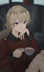 Rule 34 | 1girl, black skirt, blonde hair, blue eyes, braid, cup, darjeeling (girls und panzer), french braid, girls und panzer, hair between eyes, head rest, highres, holding, holding cup, jacket, looking at viewer, painterly, red jacket, skirt, smile, solo, st. gloriana&#039;s military uniform, teacup, thighs, v-shaped eyebrows, yao yang