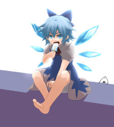 Rule 34 | 1girl, barefoot, blue dress, blue eyes, blue hair, cirno, dress, eating, feet, food, hair ribbon, ice, ice wings, looking at viewer, open mouth, popsicle, ribbon, shikushiku (amamori weekly), short hair, sitting, solo, thick eyebrows, toes, touhou, wings