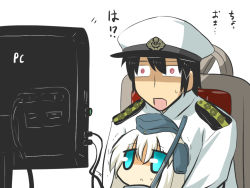 Rule 34 | 10s, 1boy, 1girl, :&lt;, admiral (kancolle), aqua eyes, black hair, chibi, commentary request, goma (gomasamune), hat, kantai collection, monitor, open mouth, translated, u-511 (kancolle), white hair