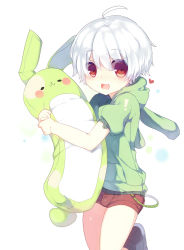 Rule 34 | !, 1boy, ahoge, blush, bulge, rabbit, drag0nia, heart, highres, hood, hoodie, looking at viewer, male focus, open mouth, original, pillow, red eyes, short hair, solo, white background, white hair