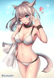 Rule 34 | 10s, 1girl, ;), ;p, animal ears, armpits, aruma jiki, bikini, blue eyes, breasts, cat ears, cat tail, choker, cleavage, collar, collarbone, cowboy shot, earrings, eyebrows, facial mark, final fantasy, final fantasy xiv, gradient background, groin, hand on own hip, heart, jewelry, long hair, looking at viewer, miqo&#039;te, nail polish, navel, one eye closed, palms, pink nails, ponytail, silver hair, simple background, smile, solo, standing, stomach, swimsuit, tail, tongue, tongue out, towel, warrior of light (ff14), white bikini