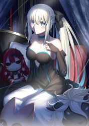 Rule 34 | 1girl, bare shoulders, black bow, black dress, blue eyes, blush, bow, braid, breasts, bridal gauntlets, cleavage, collarbone, detached sleeves, dress, baobhan sith (fate), fate/grand order, fate (series), french braid, grey hair, habetrot (fate), hair bow, highres, large breasts, long hair, looking at viewer, mishiro (ixtlolton), morgan le fay (fate), ponytail, sidelocks, stuffed toy, thighs, two-tone dress, very long hair, white dress, woodwose (fate)