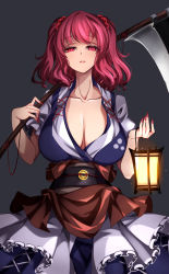 Rule 34 | 1girl, absurdres, blue dress, breasts, coin, coin on string, collarbone, dress, fingernails, grey background, hair bobbles, hair ornament, highres, holding, holding scythe, holed coin, japanese clothes, lantern, large breasts, lips, long fingernails, long hair, looking at viewer, nail polish, onozuka komachi, puffy short sleeves, puffy sleeves, raptor7, red eyes, red hair, red nails, scythe, short sleeves, simple background, solo, touhou, two side up