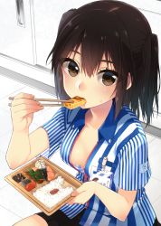 Rule 34 | 10s, 1girl, alternate costume, bento, blouse, breasts, brown eyes, brown hair, checkered floor, chopsticks, cleavage, collarbone, convenience store, eating, employee uniform, from above, hair between eyes, head tilt, indoors, kantai collection, koruri, lawson, looking at viewer, lunchbox, medium breasts, no bra, open clothes, open shirt, outside border, sendai (kancolle), shirt, shop, short hair, sideboob, solo, striped clothes, striped shirt, two side up, unbuttoned, uniform