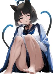 Rule 34 | 1girl, absurdres, animal ears, awnw, barefoot, black eyes, black hair, black sailor collar, black skirt, blue archive, blue neckerchief, cat ears, cat girl, cat tail, feet, gradient tail, halo, haori, head rest, highres, japanese clothes, kikyou (blue archive), knees up, legs, long sleeves, looking at viewer, multiple tails, neckerchief, pleated skirt, sailor collar, school uniform, serafuku, short hair, simple background, sitting, skirt, smile, solo, tail, toenails, toes, twitter username, two tails, white background