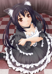 Rule 34 | 00s, 1girl, animal ears, black hair, brown eyes, cat ears, collarbone, crossed arms, dress, face, frills, from above, goth fashion, gothic lolita, k-on!, lolita fashion, long hair, mukunokino isshiki, nakano azusa, shoes, solo, twintails