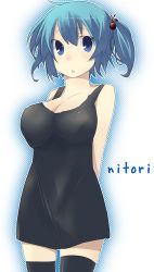 Rule 34 | 1girl, arms behind back, bad id, bad pixiv id, bare shoulders, black thighhighs, blue eyes, blue hair, breasts, bulge, character name, cleavage, dress, female focus, gradient background, hair bobbles, hair ornament, halftone, halftone background, kawashiro nitori, kuroi mizore, large breasts, matching hair/eyes, short dress, skindentation, solo, thighhighs, touhou, two side up, white background, zettai ryouiki