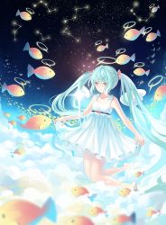 Rule 34 | 1girl, cloud, constellation, dress, dy (372127010), fish, halo, hatsune miku, long hair, solo, star (sky), twintails, very long hair, vocaloid, wings
