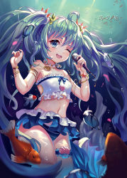 Rule 34 | 1girl, ahoge, armlet, bikini, bracelet, clam shell, fish, green eyes, green hair, hatsune miku, highres, jewelry, bridal garter, long hair, matching hair/eyes, microphone, navel, ocean, one eye closed, open mouth, rorinya, solo, submerged, swimsuit, twintails, underwater, very long hair, vocaloid